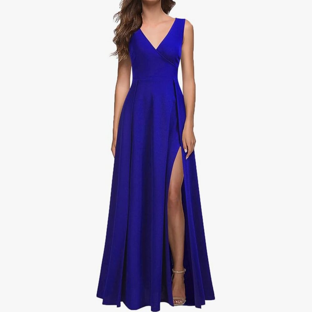 MUSHARE V-Neck Sleeveless Formal Cocktail Party Long Dress (Royal Blue, M)